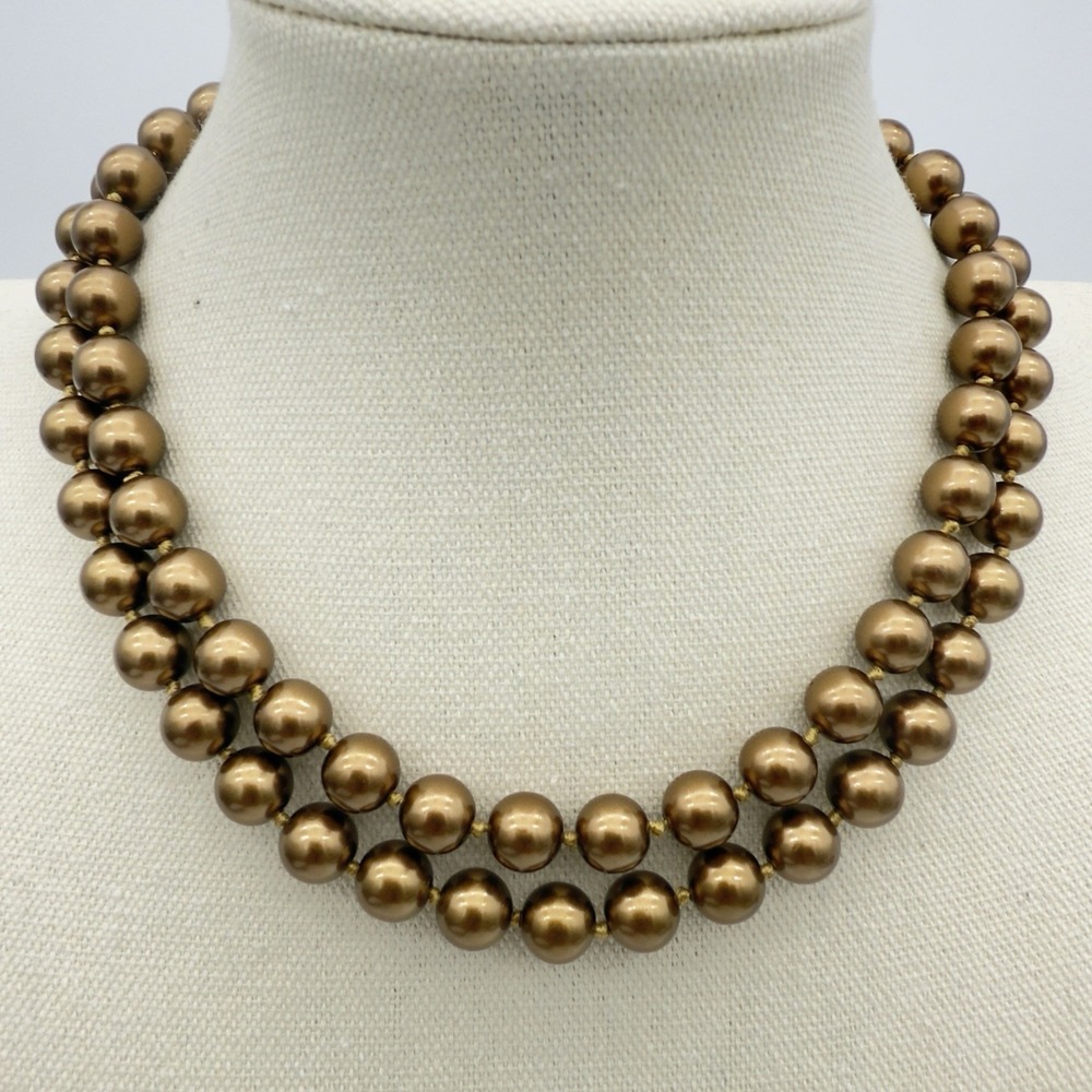 Vtg Monet Two Strand Faux Pearl Necklace 16-18" Gold Tone Signed Clasp Champagne